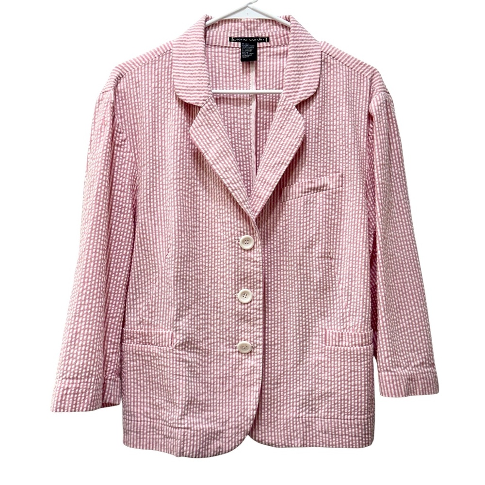 Pierre Cardin women's seersucker blazer jacket pastel pink cotton preppy